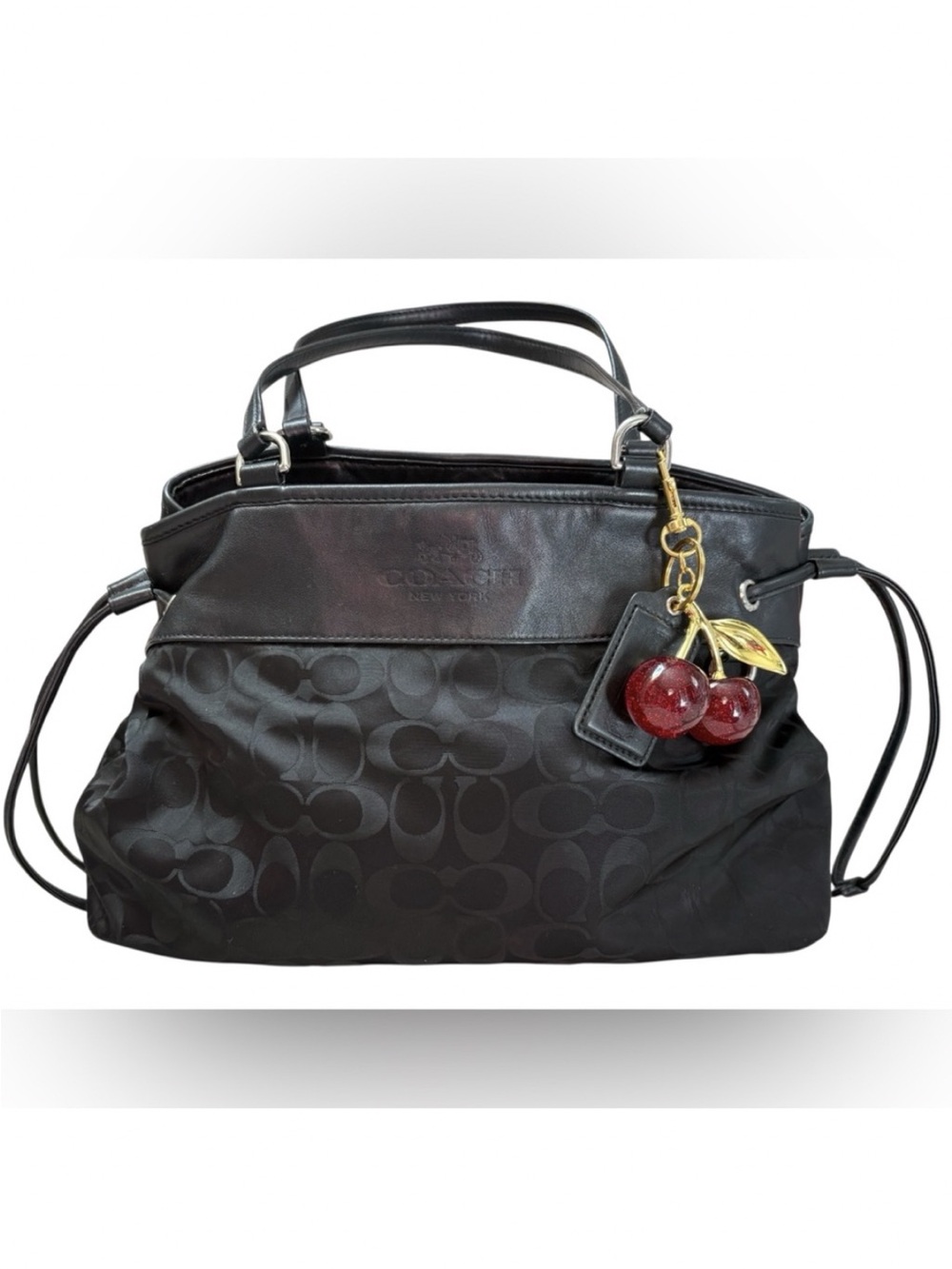 Coach Black Signature Shoulder Bag with Cherry Charm